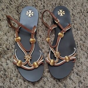 Tory Burch CAPRI MULTI STRAP SANDAL MOCHA TOASTED BARK GOLD sz 9